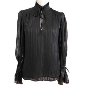 CECE BLACK SATIN GLITTER STRIPED TIE NECK KEYHOLE RUFFLE SLEEVE BLOUSE - XS